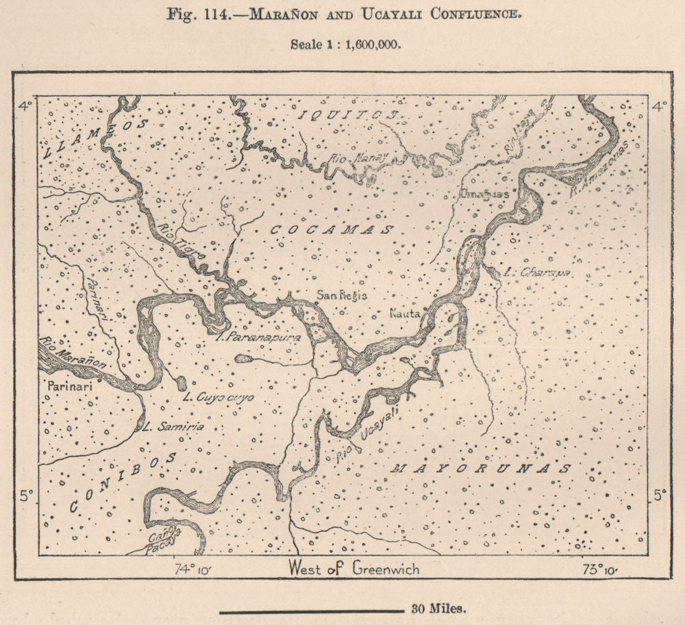 Marañon and Ucayali confluence. Pacaya-Samiria. Requena. Nauta. Peru 1885 map